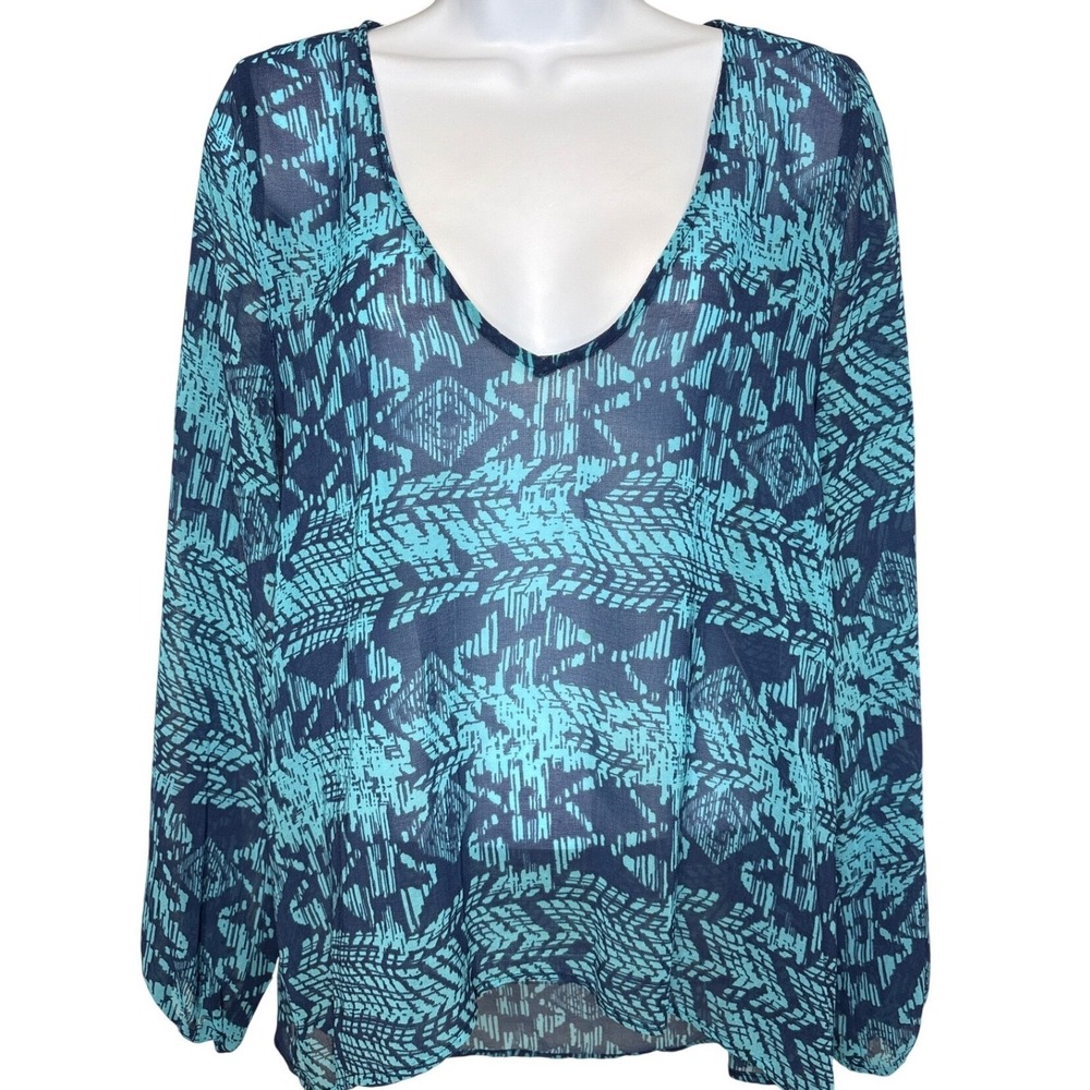 Eight Sixty Womens Teal Navy Geometric‎ Sheer Chiffon Blouse Est Size L/XL Flowy